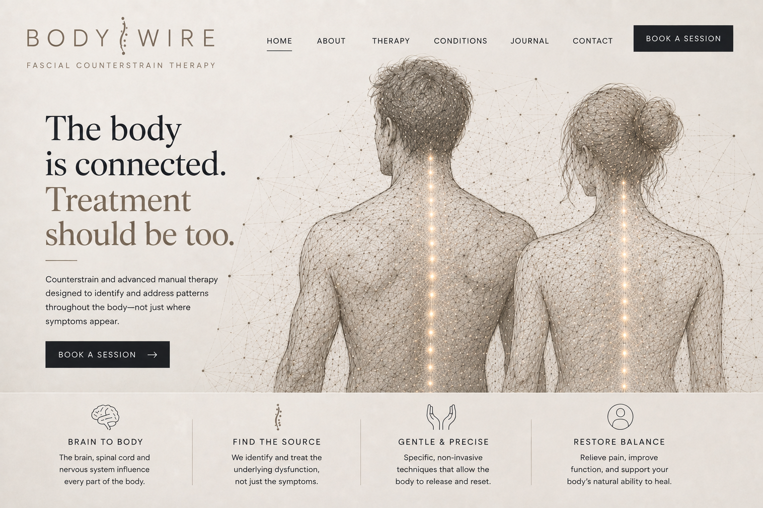 Two back-facing figures represented as interconnected body networks with illuminated spinal pathways